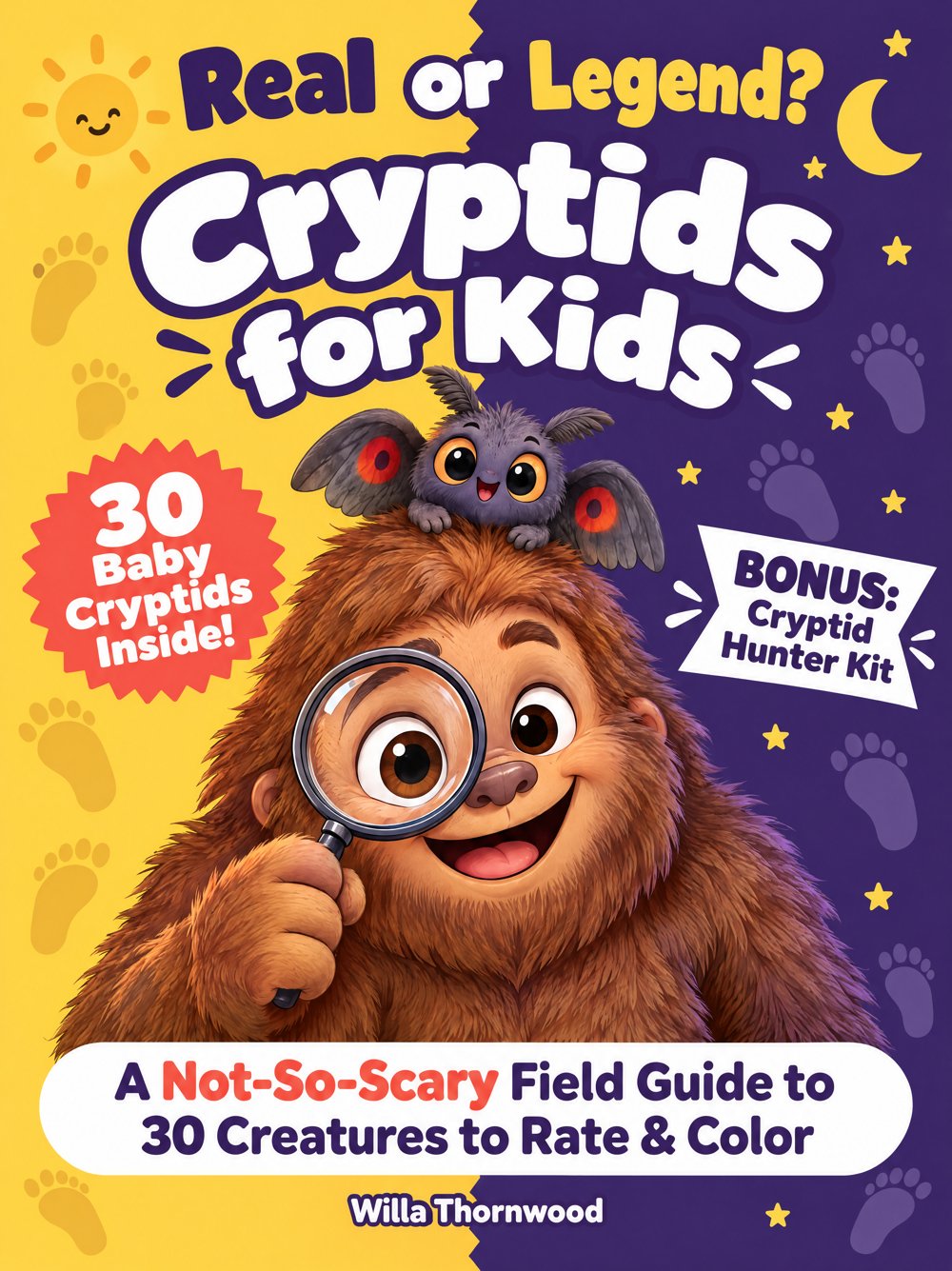 Real or Legend? Cryptids for Kids book cover, featuring smiling Bigfoot and Mothman